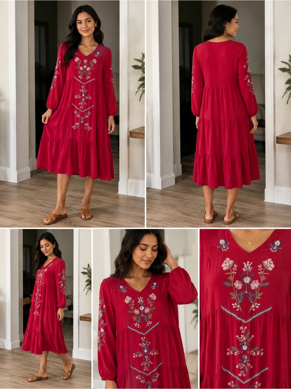 Orange Creek Crimson Red Floral Embroidered tiered midi Dress